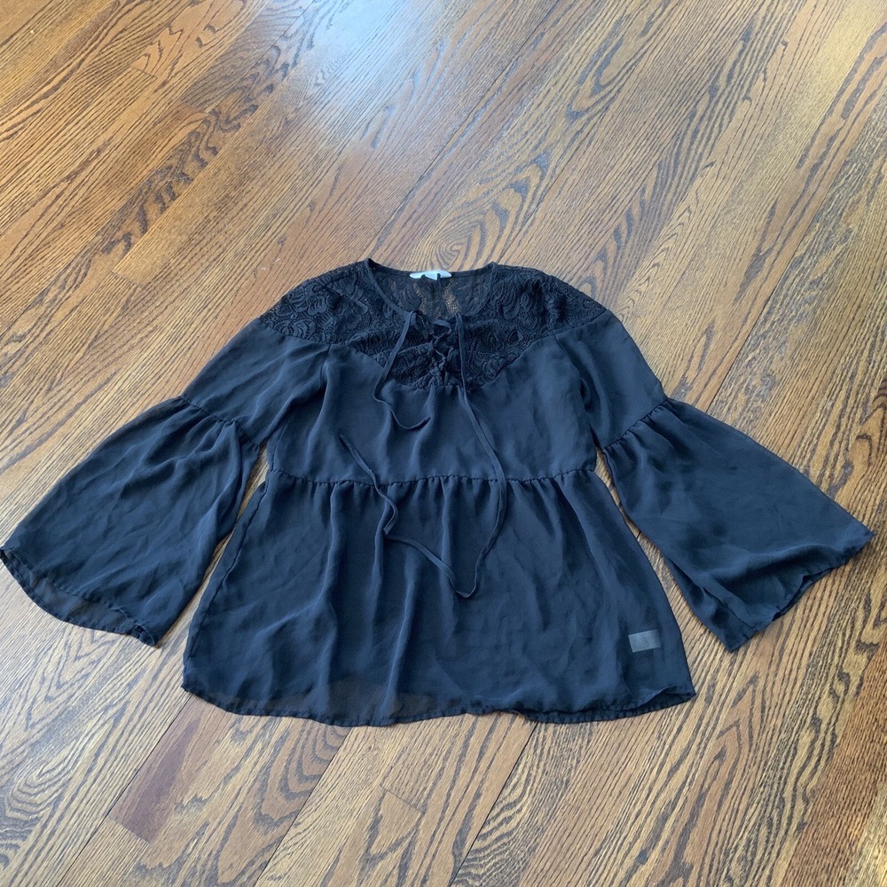 VTG 90s Y2K‎ Top Black Sheer Lace Tiered Bell Sleeve Witchy Whimsigoth Goth EUC